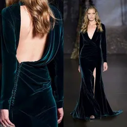 Elie Saab Dark Green Velvet Split Evening Dreess So Hot Deep V-Neck Backless Long Sleeve Sheath Exerge Spormal Party Dress 250o