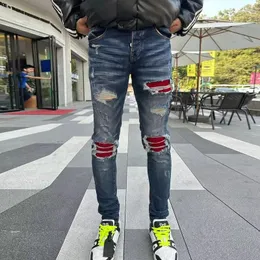 Mäns jeans high street trend mode elastisk vintage djupblå tät split röd lapp designer hip hop varumärke