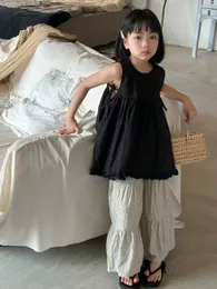 Fashion No Sleeves Tshirt Sets Summer Loose Children Clothing Simple Shirt Breathable Cotton Girls Shirt Vest Wide Leg Pants Set SDLX Luck