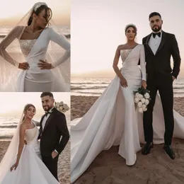 Dubai Arabic Middle East Plus Size Mermaid Wedding Dresses Long Sleeve Sequins Pearls Satin Chapel Train Wedding Dress Bridal Gowns 303e