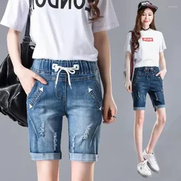 Women's Jeans For Women Summer Kenn Length Pants Elastic High Waist Loose Hole Crimping Denim Shorts