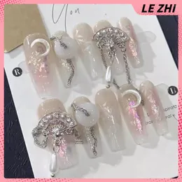 Party Favor Creative Chinese Style Press On Nails Luxury Pearl Iron Fan Transparent Naken Löstagbar återanvändbar fullt omslagskvinna