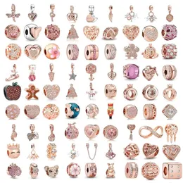 925 Sterling Silver Fit Pandoras Charms Beads Bracciale Canno penzola con perline d'oro rosa