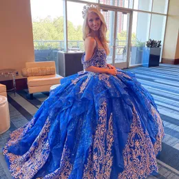 Kraliyet-Mavi Altın Quinceanera Elbise 2023 Kabarık Çatlak Dantelli Tatlı 16 Balo Gown Glitter Tül Vestidos De 15 Anos Dantel Korse Geri COL 212T