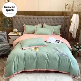 침구 세트 럭셔리 6 색 세트 깃털 패턴 자수 이불 커버 Sateen Cotton European Bed Linens Sheets 베개 4pcs