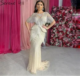Dubai Beige Quastel Perlen Mermaid Abendkleider Design 2020 Halbärmel Luxus sexy formale Kleid Serene Hill LJ2011235187573