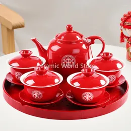 Conjuntos de teaware suprimentos de casamento chinês Conjunto de chá de cerâmica vermelha de 4/6pcs 570ml bule gaiwan com porcelana de serviço de bandeja