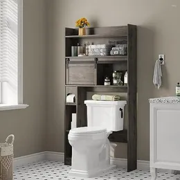 Storage Boxes 6-Tier Over-The-Toilet Cabinet Bathroom Organizer Rack With Barn Door Design Stable & Multifunctional Farmhouse Style
