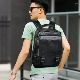 Backpack Fashion Men's Solid Color Casual Student Bookbag Trendy Simple Travel Buckle PU Leather Bag