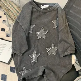 T-shirt American Retro Autumn Stary Sky Pattern Design Adequado para homens e mulheres estilo coreano Sleep Short Sleep Couples 240430