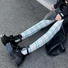 Mulheres meias xadrez meias impressas de verão perneiras verdes britânicas jk lolita calça de renda de meia -calça