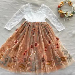 Vestidos de menina boêmio para meninas vestido de bordado para crianças queimadas com flores de flor laranja Casamento de renda para criança vintage festa vestido