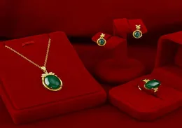 Natural Emerald Gemstone Gold Necklace Pendant 14K Gul smycken Set Ring Studörhängen för kvinnor Bröllopsmyckelmband 4082553