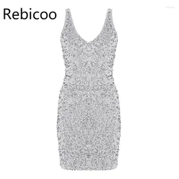 Casual Dresses Fashion Women Sequin Sexy Bodycon Dress Dazzling Glittery Stage Dance Performance Costume Cocktail Club Party Mini
