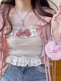 KOSAHIKI Kawaii Candy Color Crop Top Women Japanese Lolita Sweet Tank Boe Ruffle Short Tee Shirt All Match Cute s Summer 240506