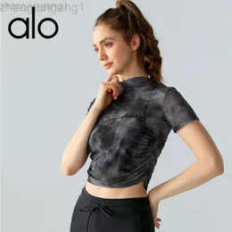 Desginer Als Yoga Aloe Shirt Clothe Woman Printed Mesh Sports Top Womens新しいセクシーで通気性のあるスーツカバープリーツプリーツスリムフィットショートスリーブTシャツ