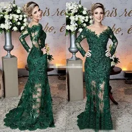 Newest Dark Green Mother of The Bride Dresses Sheer Jewel Neck Lace Appliques Long Sleeve Mermaid Formal Evening Prom Dress 253S