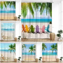 Shower Curtains Seaside Curtain Ocean Beach Summer Palm Tree Nature Landscape Starfish Sailboat Chair Home Bathroom Decoration