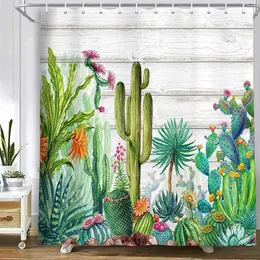 Zasłony prysznicowe zachodnie kaktus zasłony rustykalne zielone rośliny tropikalne soczyste liście akwarelowe kwiat retro drewniana deska wystrój łazienki