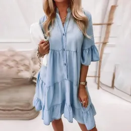 Casual Dresses Cotton Denim Women Solid Color Mid Sleeves A-line Pattern Above Knee Stand Collar Ruffle Shirt Dress Daily Clothes