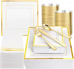 Disposable Dinnerware 350Pcs Gold Plastic Plates - Square Include Dinner Dessert Cups Cutlery