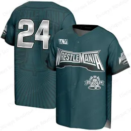T-shirty T-shirts mundur dla 2024 Nowy arriavl Summer Vintage Prosphere WrestleMania 40 Full-Button Baseball Jersey Fan Specjalna koszula T240506