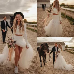 두 조각 인어 웨딩 드레스 Boho Long Sleeve Bridal Gowns Country Tulle Beach Sweep Train Wedding Dress Robes 292g