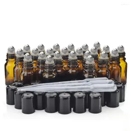 Lagringsflaskor 24 x 10 ml Amber Glass Roll på flaskan Essential Oil Roll-On Inals w/ rostfritt stål Rullkåpslock för parfym