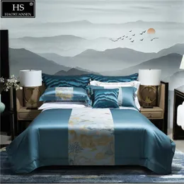 Conjuntos de cama Wanli Mountain e River Design bege azul 4Pieces Yarn tingido Jacquard Bed Linens Tampa de edreca da travesseiro Pleda de campanha