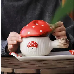 Plates Cartoon Cute Noodle Bowl Ceramic Underglaze Breakfast Plate Mushroom Shape Soup Table Decoration Cutlery Set