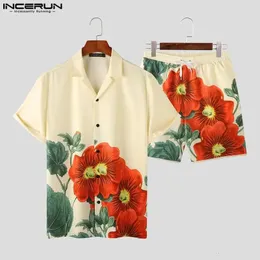 Incerun Mens Hawaiian Set Blumendrucks Sommer Polo Neck Kurzarm Shirt und Shorts 2pcs Street Clothing Urlaub Herren Set S-5xl 240429
