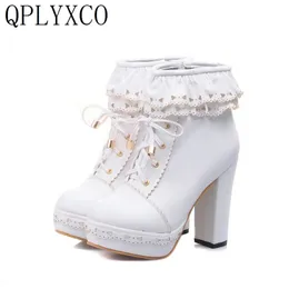 QPLYXCO Nya kvinnor Boots 2019 Autumn Big Size 34-48 Anke Boots Zipper High Heels 10cm Platform Plysch Warm Winter Shoes Woman 188