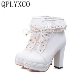 QplyXco New Women Boots 2019 Autumn Big Size 34-48 Anke Boots Zipper High Heels 10cm Platform Plaush Warm Winter Shoes女性188