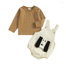 Roupas conjuntos de roupas para crianças meninas de 2 peças roupas listradas de manga longa e fofo de cartoon cães suspensa de roupas de verão