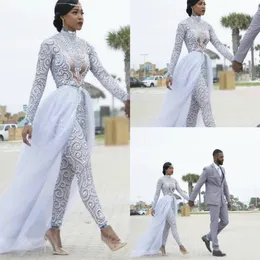 2023 Hochzeitskleid Wunderschöne Overalls mit abnehmbarem Zug hohe Nackenperlen Kristall lange Ärmel bescheidene Kleider Afrikanische Brautkleider 212W
