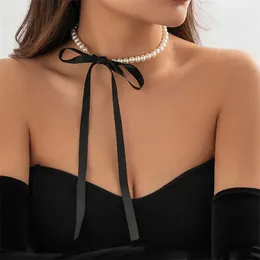 Salircon Korean Romantic Imitation Pearl Beaded Choker Fashion Black Velvet Adjustable Bow Necklace Banquet Wedding Jewelry 240429