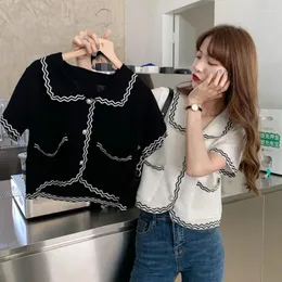 Women's Knits Vintage Tops Cardigan Girl Clothing Women Korean Style Harajuku Short Sleeve Casual Chic Striped Turn Down Collar Elegant Tee