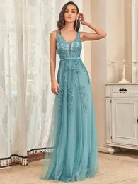 Sukienki imprezowe Eleganckie wieczór długie koronkowe koraliki Vneck rękawo 2024 zawsze ładna zakurzona niebieska prosta backless PROM Kobiety