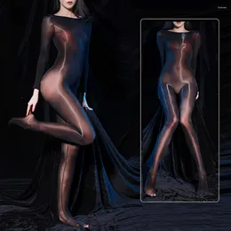 Mulheres meias oleosamente brilhantes Bodysuit utra-fino transparente Clube de festas do corpo inteiro