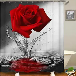 Shower Curtains Red Rose Flower Butterfly Shower Curtain Set Non-Slip Rug Bath Mat Toilet Lid Cover 12 s Waterproof Polyester Bathroom Decor
