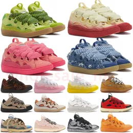 Luxury Fashion Designer Dress Shoes Womens Casual Platform Suede Leather Curb Sneakers Mens Embossed Mother Child Denim Blue Pink Green Double woven laces trainers
