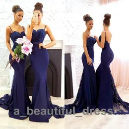 New Navy Blue Simple Bridesmaid Dresses Modern Sweetheart Lace Seques Mermaid Prom Party Beads Long Long Of Honor Downs Bd8888 285r