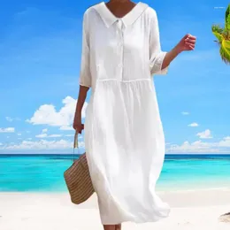 Lässige Kleider Sommerkleid elegante Puppenkragen Midi für Frauen Chic Plissee Pullover mit Knopfdetail stilvoller Kleidung lang