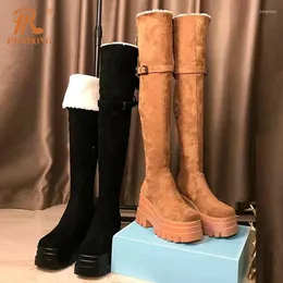 Buty Prxdong Kobiet Over the Knee Brand Chunky High Obcasy Gruba platforma Rzym Czarne brązowe ciepłe buty śniegu Rozmiar 35-42