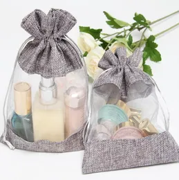 10x14cm Clear Window Jute Gift Bag Burlap Party Favor Sack Bag Linen Drawstring Pouch Organza Jewelry Gift Candy Bag SN13933617879