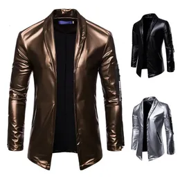 Glänzende goldene PU Leder Blazer Jacke Männer Slim Fit Cardigan Herren Blazers Nachtclub Party DJ Bühnenbühne für männlich 240507