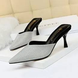 2020Shoes Korean Version of the New Fashion Simple Baotou Slippers High Heels Shallow Mouth Tip Shine liang pian