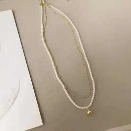 Hänghalsband minar enkel riktig guldpläterad mässing dubbel skiktade pärlor strängkedja boll faux pärlpärlor chokers halsband för kvinnor