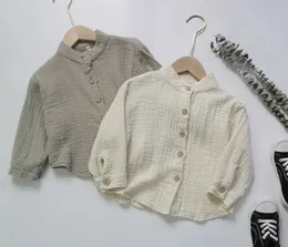 Herbst Boys Cotton Leinenhemd Massives koreanisches Stehkragen Vorschule Langarmes Hemd Top 240424