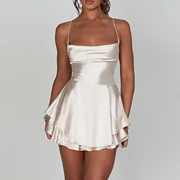 Vestidos casuais brancos Cross Cross Backless Sexy Cetim Spaghetti Strap Mini Dress for Women Summer Roughed Short Prom Nightclub